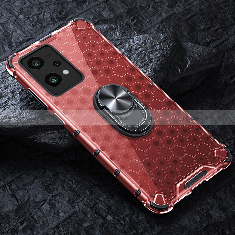 Silicone Transparent Mirror Frame Case 360 Degrees with Magnetic Finger Ring Stand AM1 for Realme 9 Pro+ Plus 5G Red