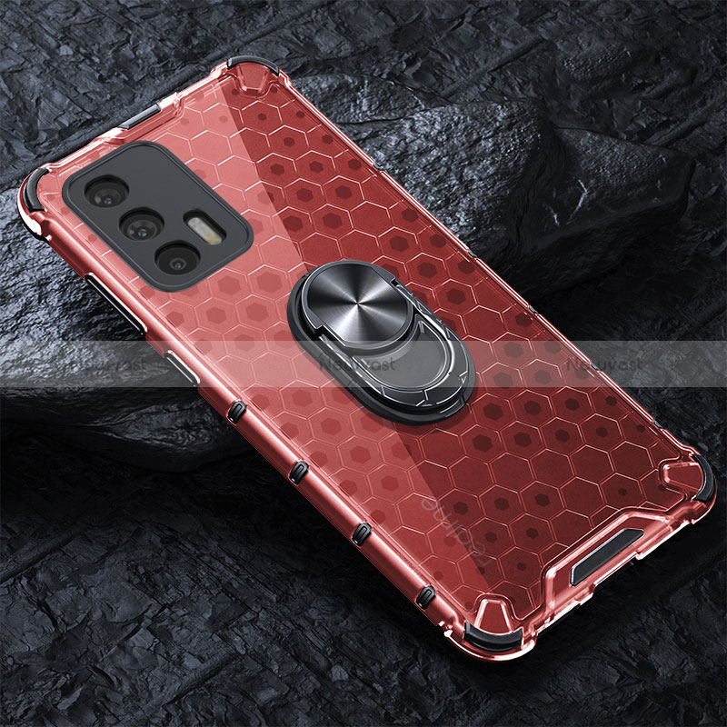 Silicone Transparent Mirror Frame Case 360 Degrees with Magnetic Finger Ring Stand AM1 for Realme GT Neo 5G Red