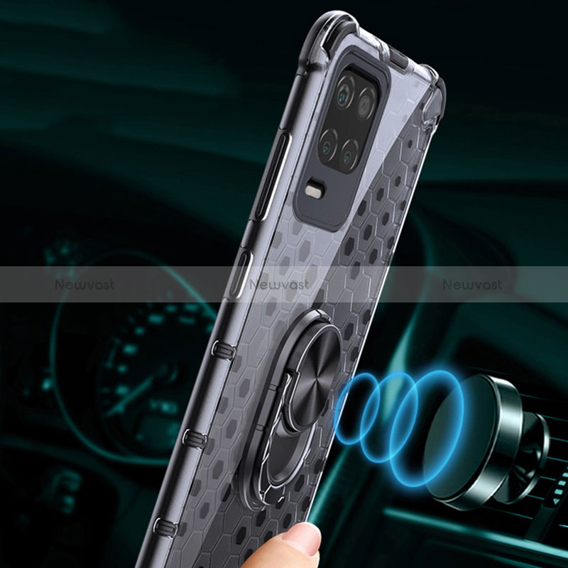 Silicone Transparent Mirror Frame Case 360 Degrees with Magnetic Finger Ring Stand AM1 for Realme Q3 5G
