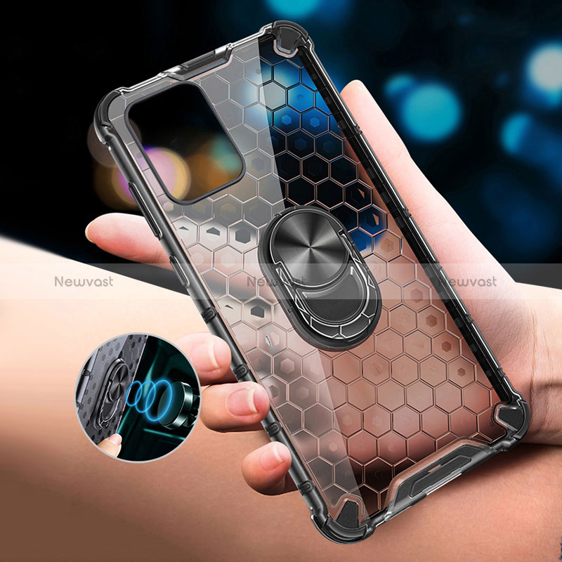 Silicone Transparent Mirror Frame Case 360 Degrees with Magnetic Finger Ring Stand AM1 for Realme Q5x 5G