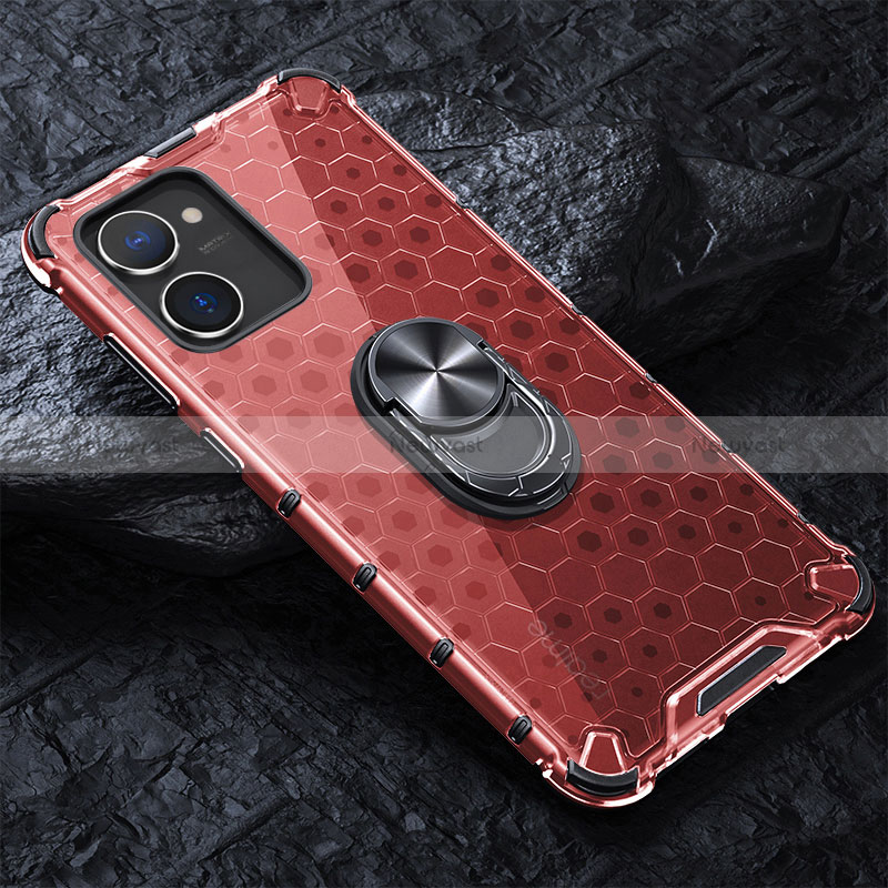 Silicone Transparent Mirror Frame Case 360 Degrees with Magnetic Finger Ring Stand AM1 for Realme V30t 5G Red