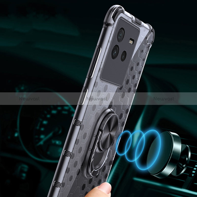 Silicone Transparent Mirror Frame Case 360 Degrees with Magnetic Finger Ring Stand AM1 for Vivo iQOO Neo6 5G