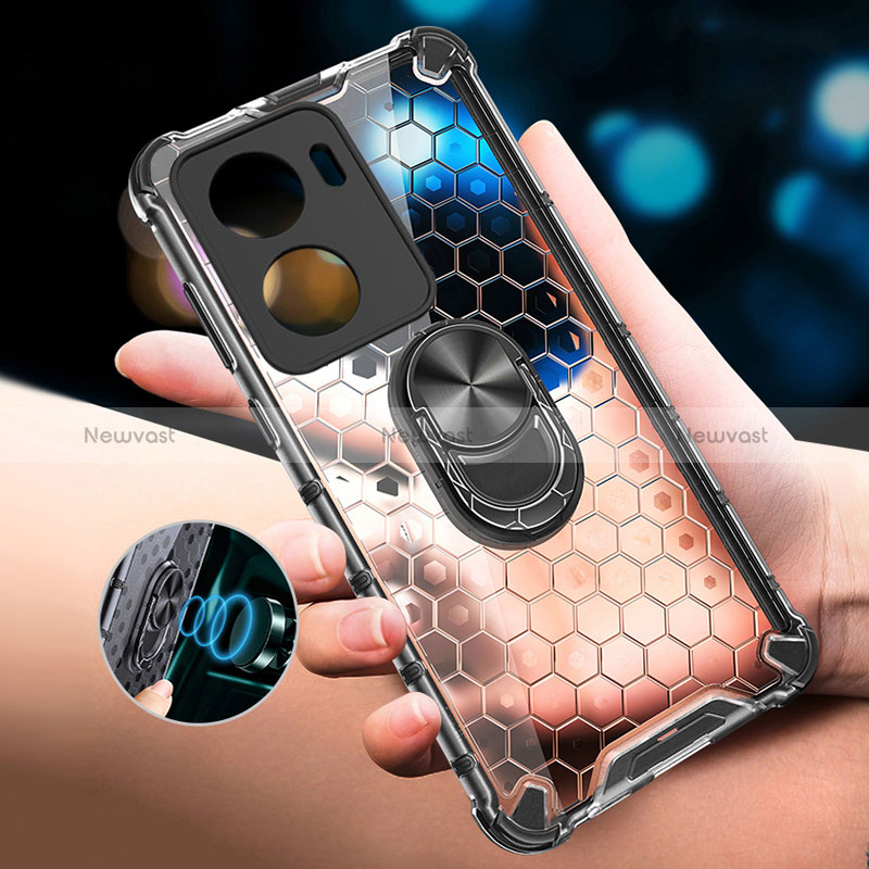 Silicone Transparent Mirror Frame Case 360 Degrees with Magnetic Finger Ring Stand AM1 for Vivo iQOO Z7x 5G