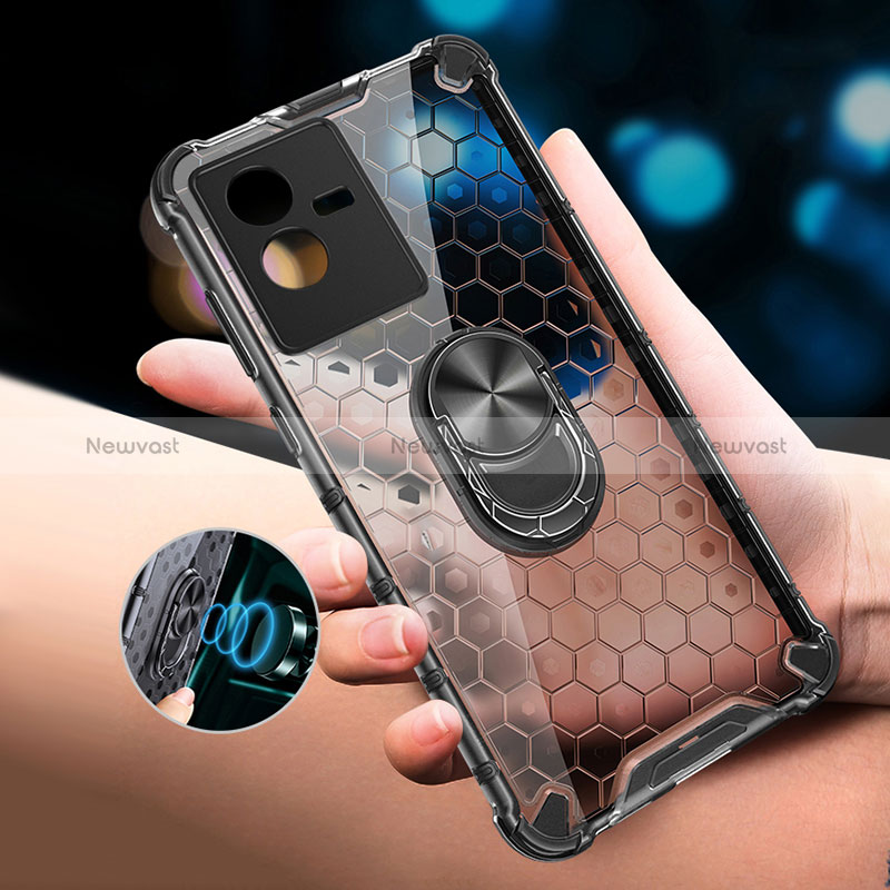 Silicone Transparent Mirror Frame Case 360 Degrees with Magnetic Finger Ring Stand AM1 for Vivo T2x 5G