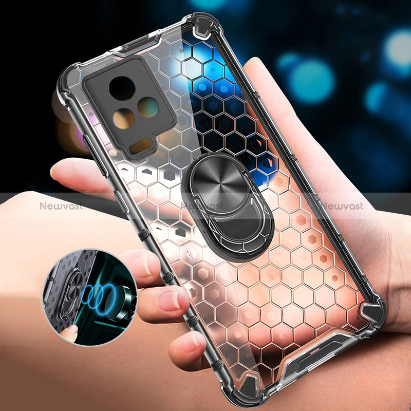 Silicone Transparent Mirror Frame Case 360 Degrees with Magnetic Finger Ring Stand AM1 for Vivo V21s 5G