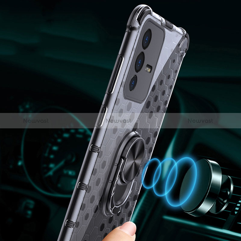 Silicone Transparent Mirror Frame Case 360 Degrees with Magnetic Finger Ring Stand AM1 for Vivo V23 Pro 5G