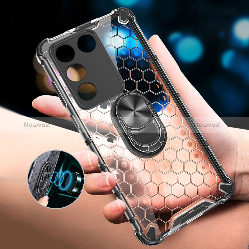 Silicone Transparent Mirror Frame Case 360 Degrees with Magnetic Finger Ring Stand AM1 for Vivo V27 Pro 5G