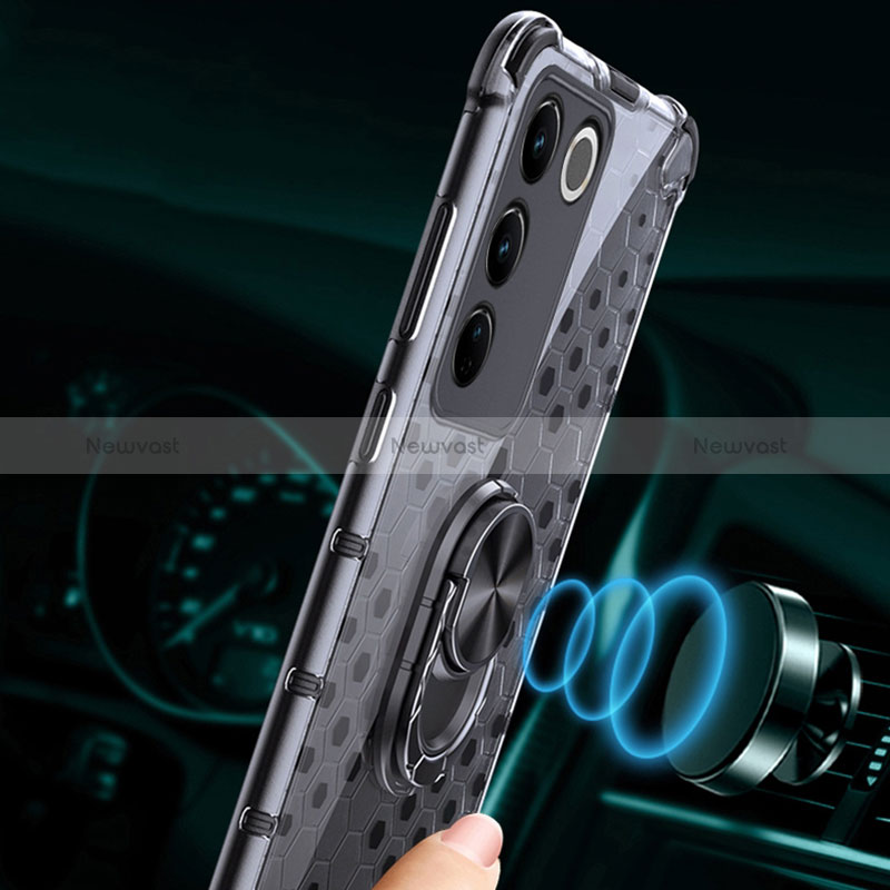 Silicone Transparent Mirror Frame Case 360 Degrees with Magnetic Finger Ring Stand AM1 for Vivo V27e 5G