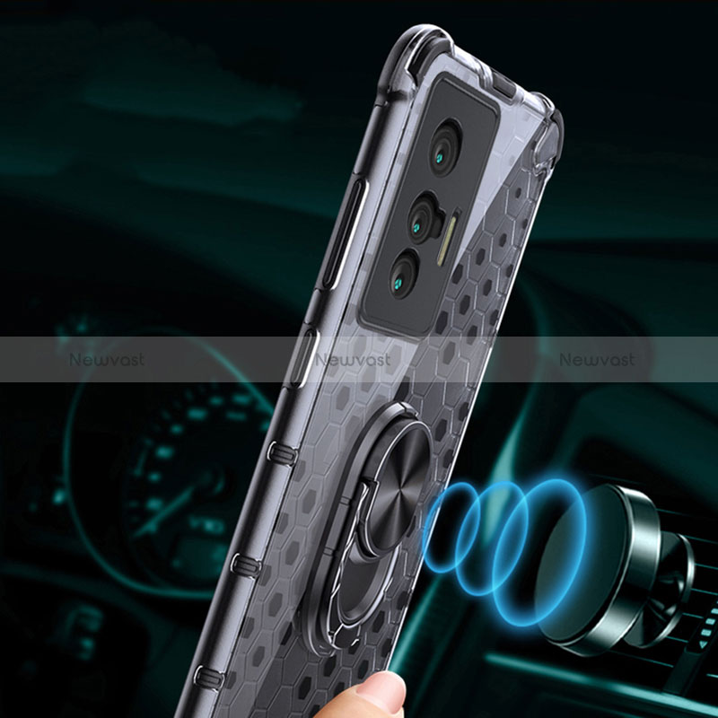 Silicone Transparent Mirror Frame Case 360 Degrees with Magnetic Finger Ring Stand AM1 for Vivo X70t