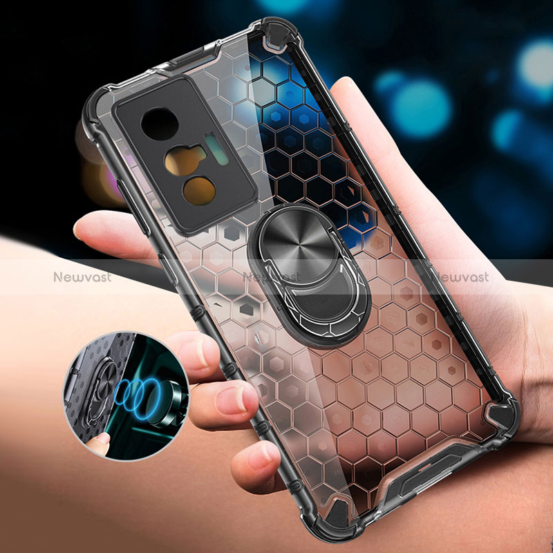 Silicone Transparent Mirror Frame Case 360 Degrees with Magnetic Finger Ring Stand AM1 for Vivo X70t