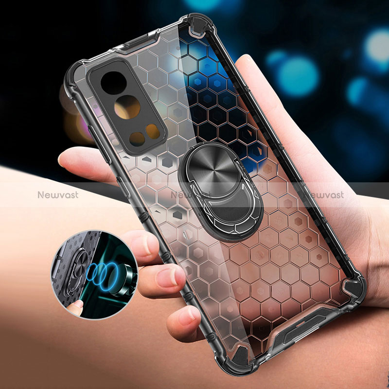 Silicone Transparent Mirror Frame Case 360 Degrees with Magnetic Finger Ring Stand AM1 for Vivo Y52 5G