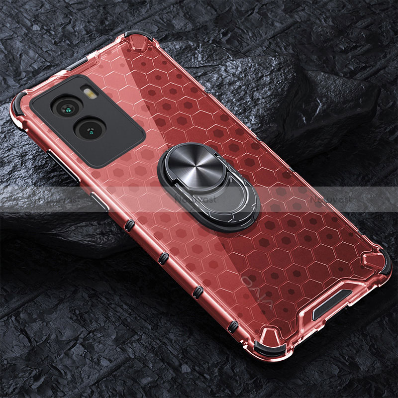 Silicone Transparent Mirror Frame Case 360 Degrees with Magnetic Finger Ring Stand AM1 for Vivo Y55s (2021) Red