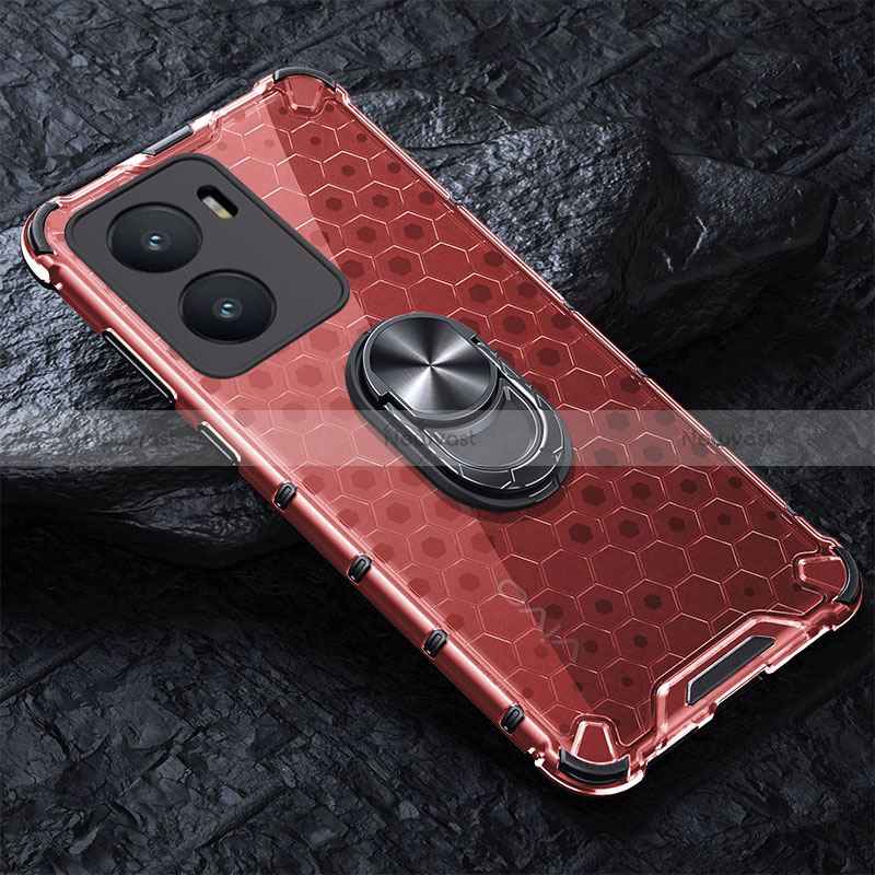 Silicone Transparent Mirror Frame Case 360 Degrees with Magnetic Finger Ring Stand AM1 for Vivo Y56 5G Red