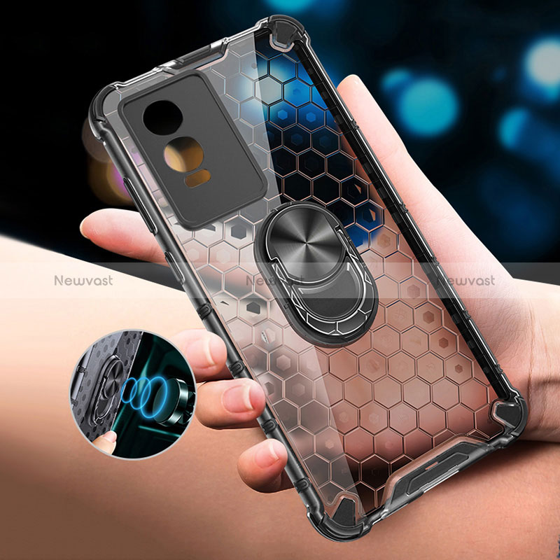 Silicone Transparent Mirror Frame Case 360 Degrees with Magnetic Finger Ring Stand AM1 for Vivo Y74s 5G