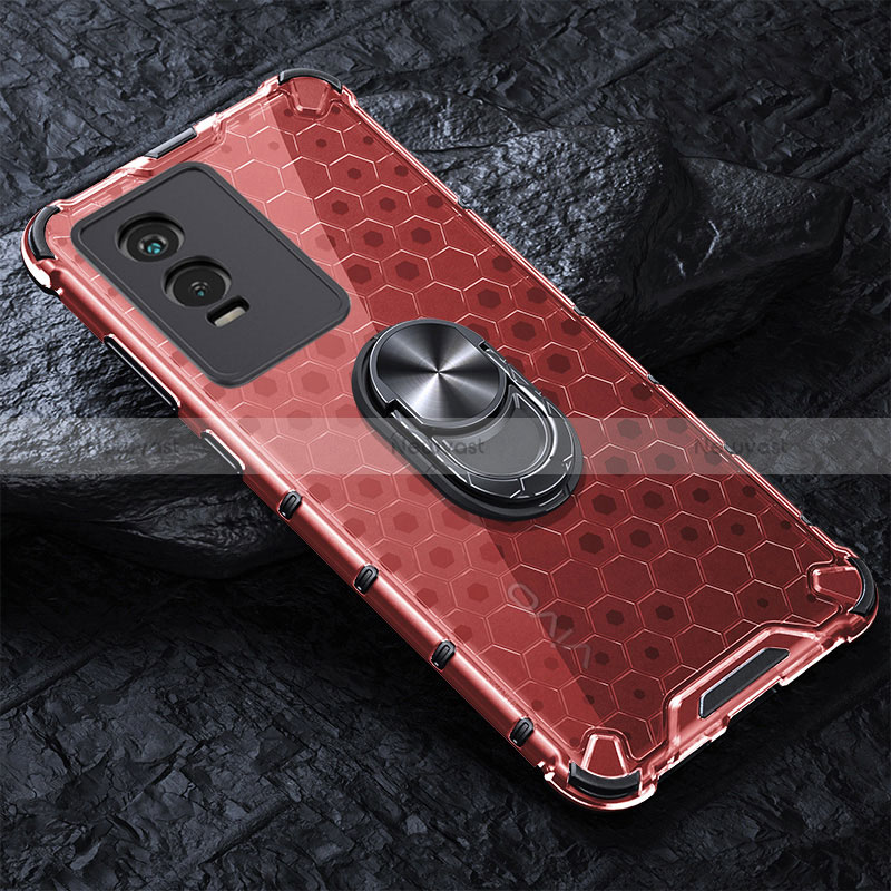 Silicone Transparent Mirror Frame Case 360 Degrees with Magnetic Finger Ring Stand AM1 for Vivo Y74s 5G Red