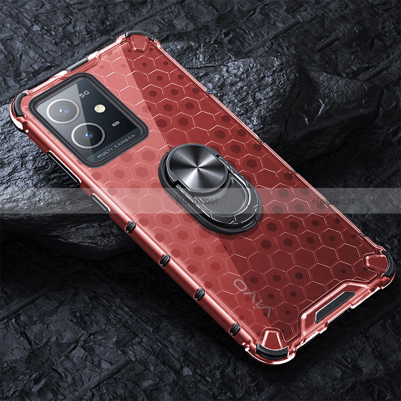 Silicone Transparent Mirror Frame Case 360 Degrees with Magnetic Finger Ring Stand AM1 for Vivo Y75 5G Red