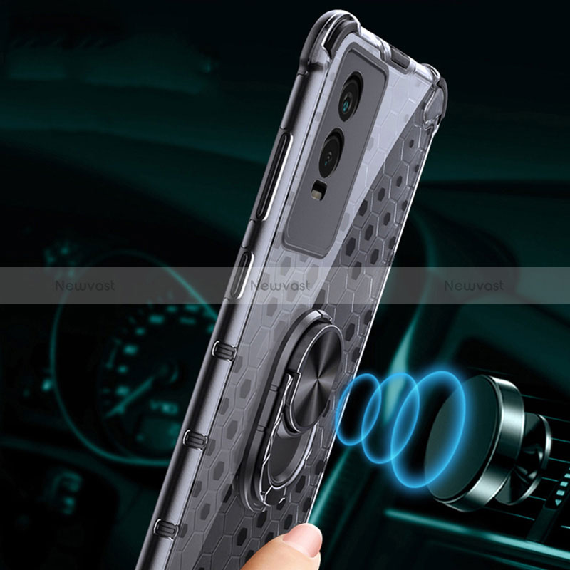 Silicone Transparent Mirror Frame Case 360 Degrees with Magnetic Finger Ring Stand AM1 for Vivo Y76s 5G