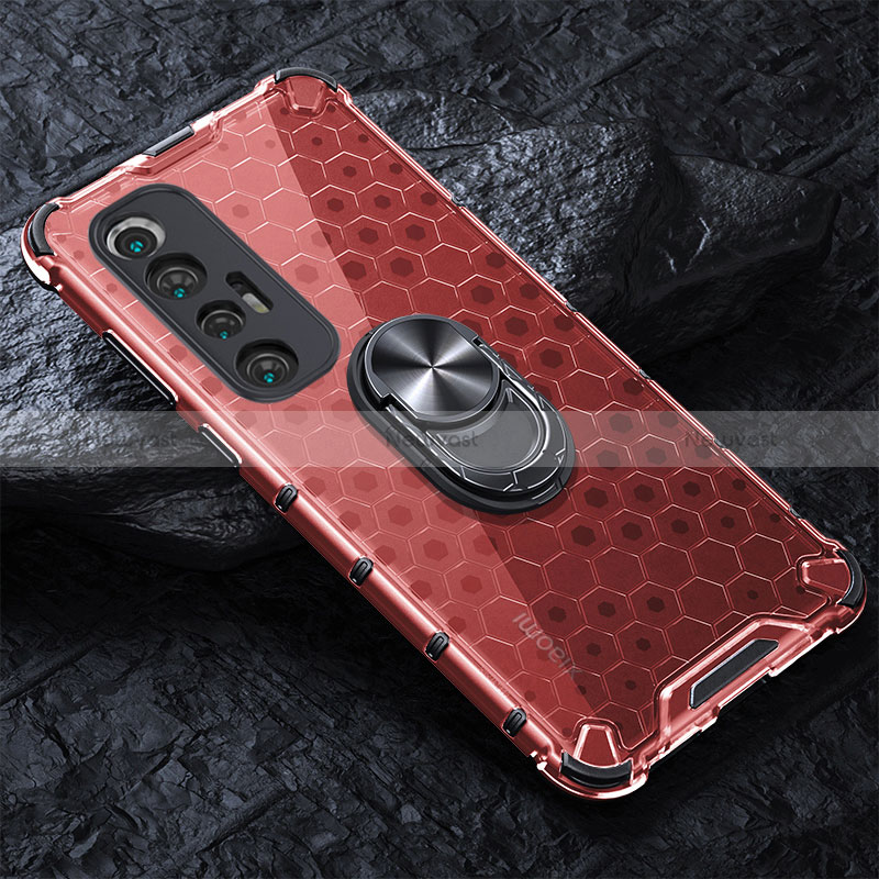 Silicone Transparent Mirror Frame Case 360 Degrees with Magnetic Finger Ring Stand AM1 for Xiaomi Mi 10S 5G Red