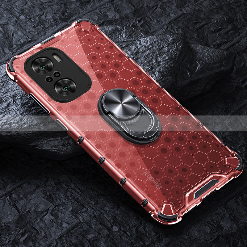 Silicone Transparent Mirror Frame Case 360 Degrees with Magnetic Finger Ring Stand AM1 for Xiaomi Mi 11X Pro 5G Red