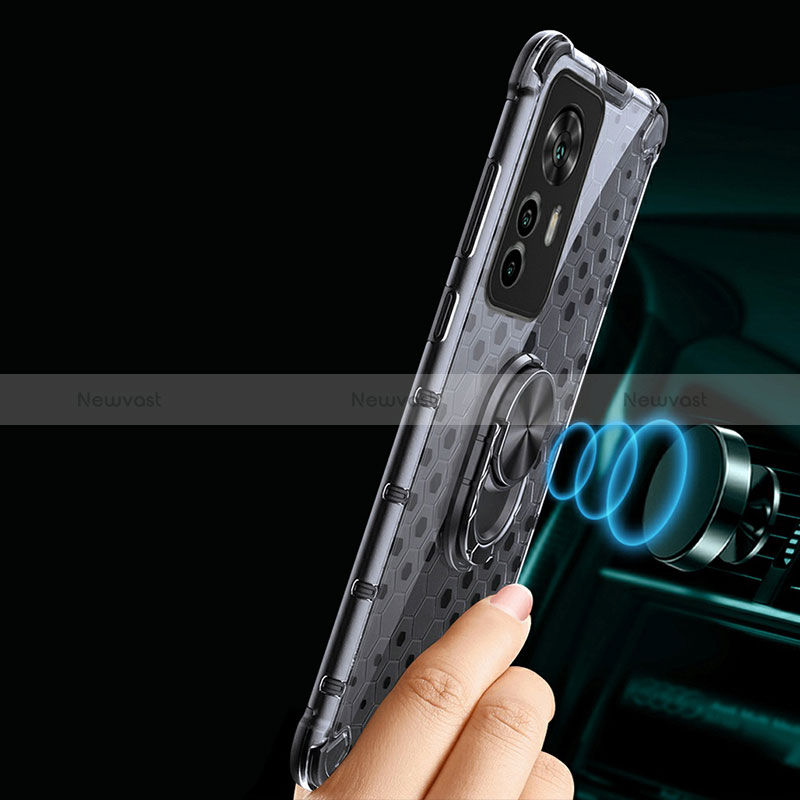 Silicone Transparent Mirror Frame Case 360 Degrees with Magnetic Finger Ring Stand AM1 for Xiaomi Mi 12T 5G