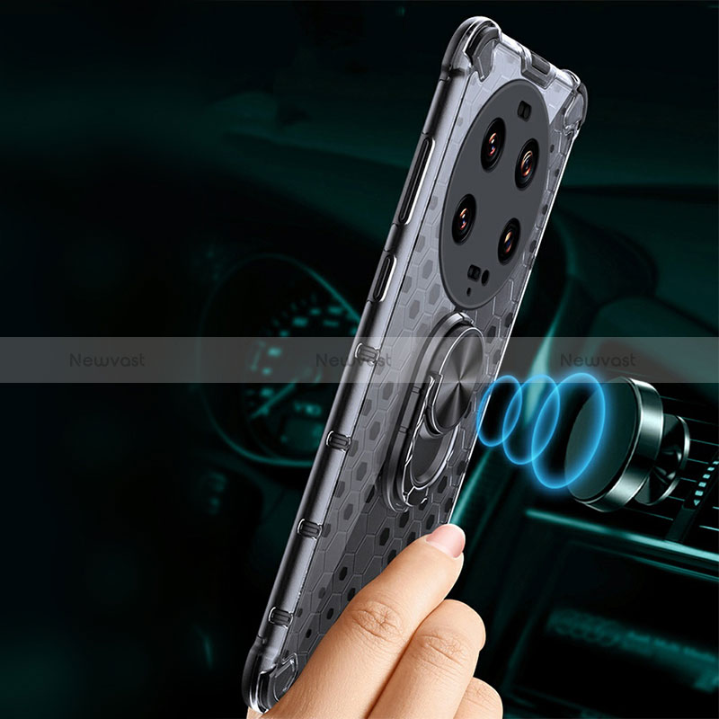 Silicone Transparent Mirror Frame Case 360 Degrees with Magnetic Finger Ring Stand AM1 for Xiaomi Mi 13 Ultra 5G