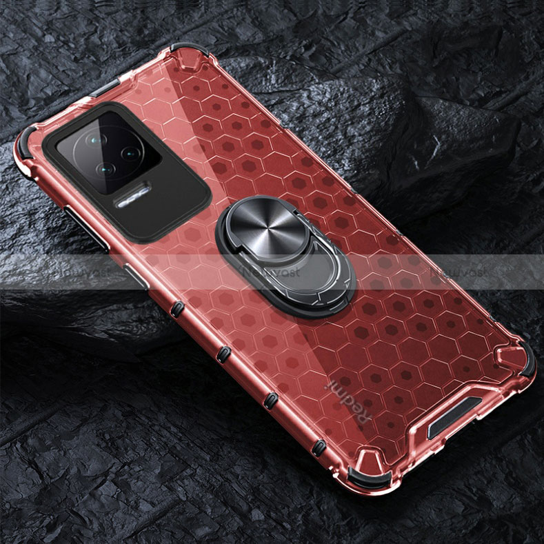 Silicone Transparent Mirror Frame Case 360 Degrees with Magnetic Finger Ring Stand AM1 for Xiaomi Poco F4 5G Red