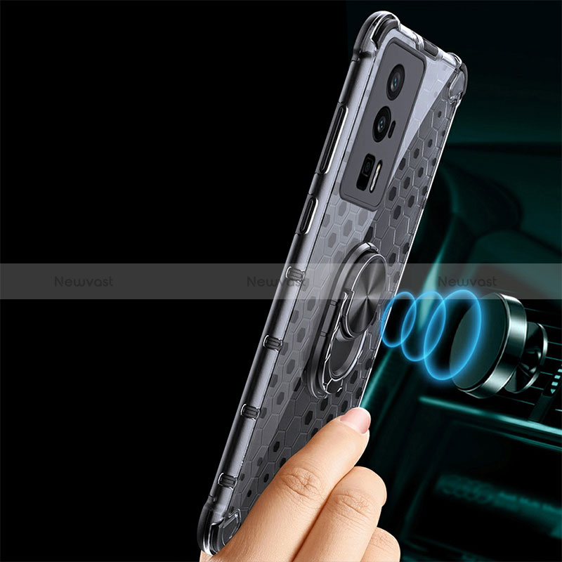 Silicone Transparent Mirror Frame Case 360 Degrees with Magnetic Finger Ring Stand AM1 for Xiaomi Poco F5 Pro 5G