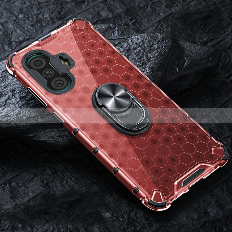 Silicone Transparent Mirror Frame Case 360 Degrees with Magnetic Finger Ring Stand AM1 for Xiaomi Redmi K40 Gaming 5G Red