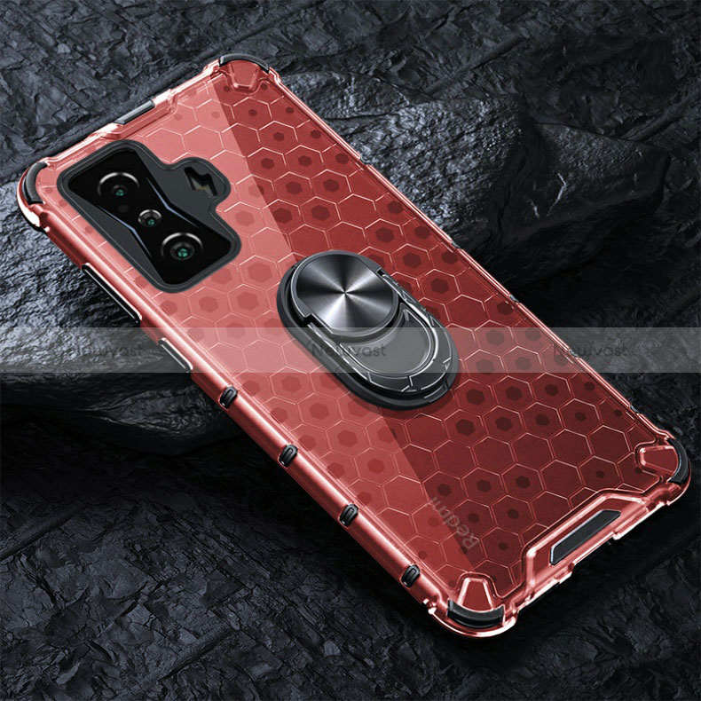 Silicone Transparent Mirror Frame Case 360 Degrees with Magnetic Finger Ring Stand AM1 for Xiaomi Redmi K50 Gaming 5G Red