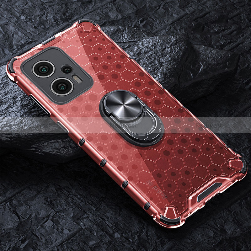 Silicone Transparent Mirror Frame Case 360 Degrees with Magnetic Finger Ring Stand AM1 for Xiaomi Redmi K50i 5G Red