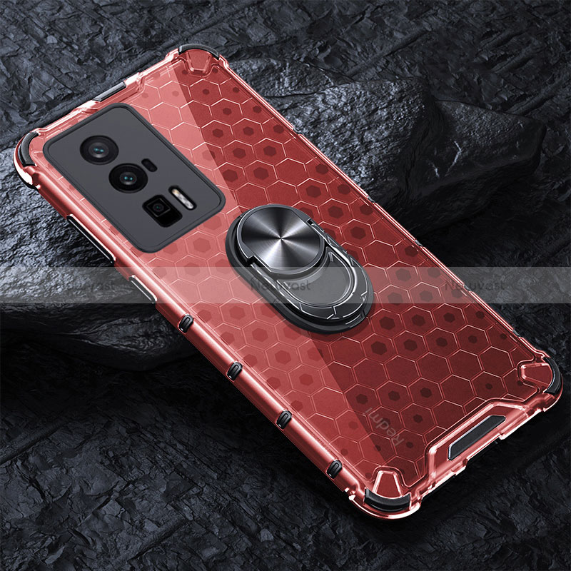 Silicone Transparent Mirror Frame Case 360 Degrees with Magnetic Finger Ring Stand AM1 for Xiaomi Redmi K60 5G Red