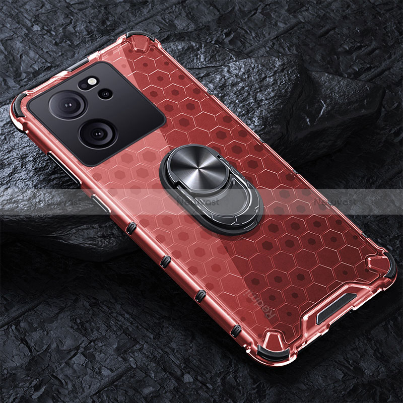 Silicone Transparent Mirror Frame Case 360 Degrees with Magnetic Finger Ring Stand AM1 for Xiaomi Redmi K60 Ultra 5G Red