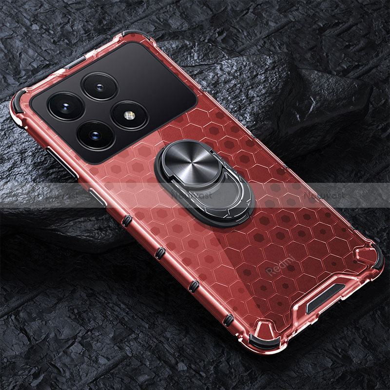 Silicone Transparent Mirror Frame Case 360 Degrees with Magnetic Finger Ring Stand AM1 for Xiaomi Redmi K70 Pro 5G Red