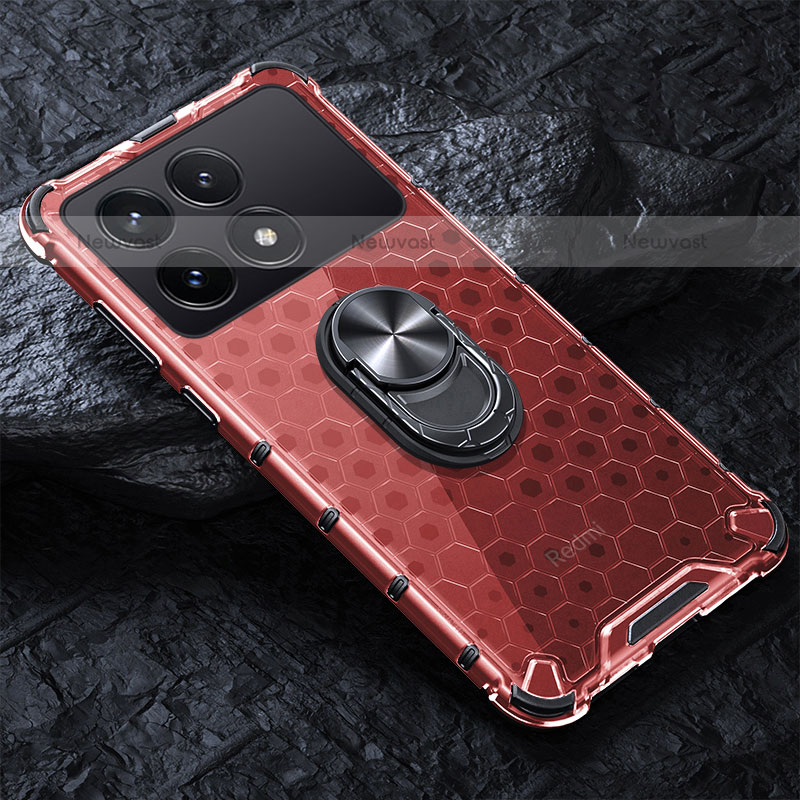 Silicone Transparent Mirror Frame Case 360 Degrees with Magnetic Finger Ring Stand AM1 for Xiaomi Redmi K70E 5G Red