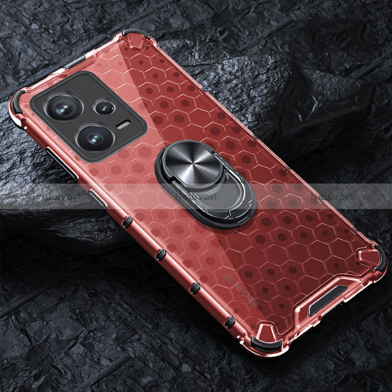 Silicone Transparent Mirror Frame Case 360 Degrees with Magnetic Finger Ring Stand AM1 for Xiaomi Redmi Note 12 Pro 5G Red