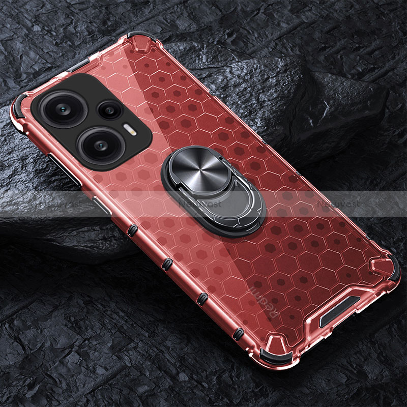 Silicone Transparent Mirror Frame Case 360 Degrees with Magnetic Finger Ring Stand AM1 for Xiaomi Redmi Note 12 Turbo 5G Red