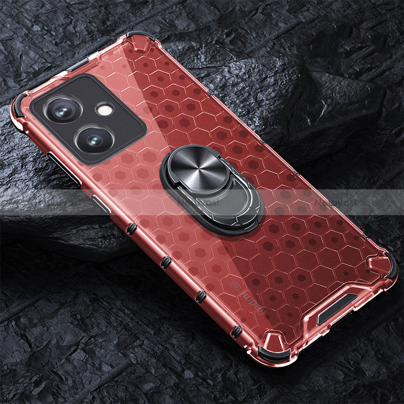 Silicone Transparent Mirror Frame Case 360 Degrees with Magnetic Finger Ring Stand AM1 for Xiaomi Redmi Note 12R Pro 5G Red