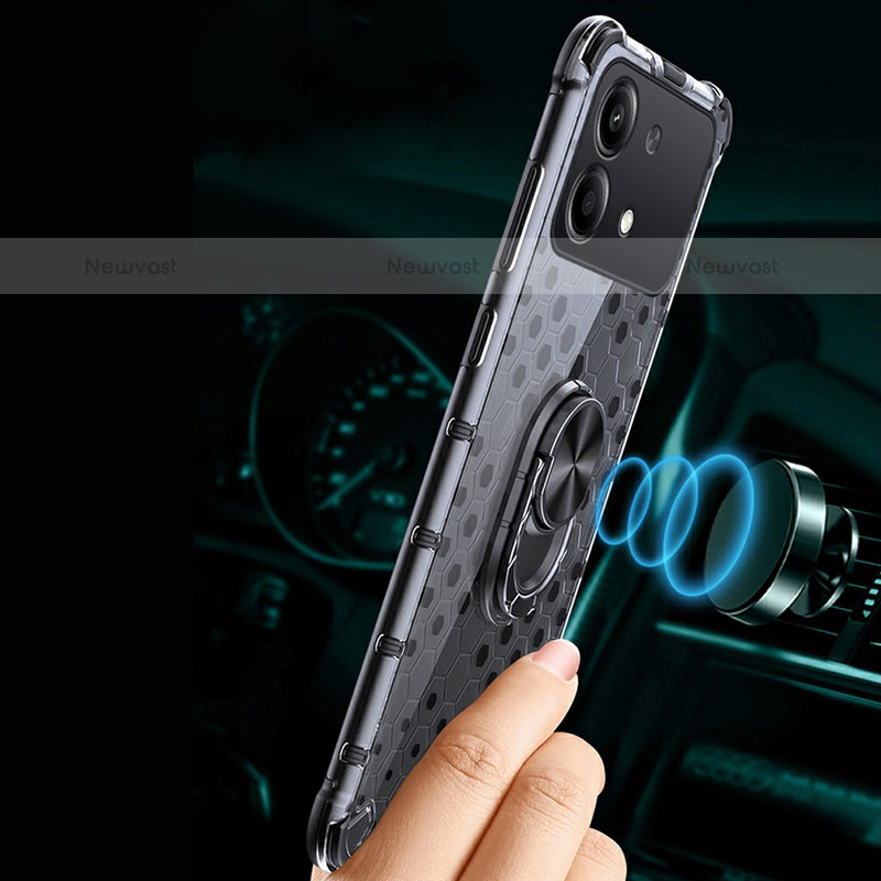 Silicone Transparent Mirror Frame Case 360 Degrees with Magnetic Finger Ring Stand AM1 for Xiaomi Redmi Note 13R Pro 5G