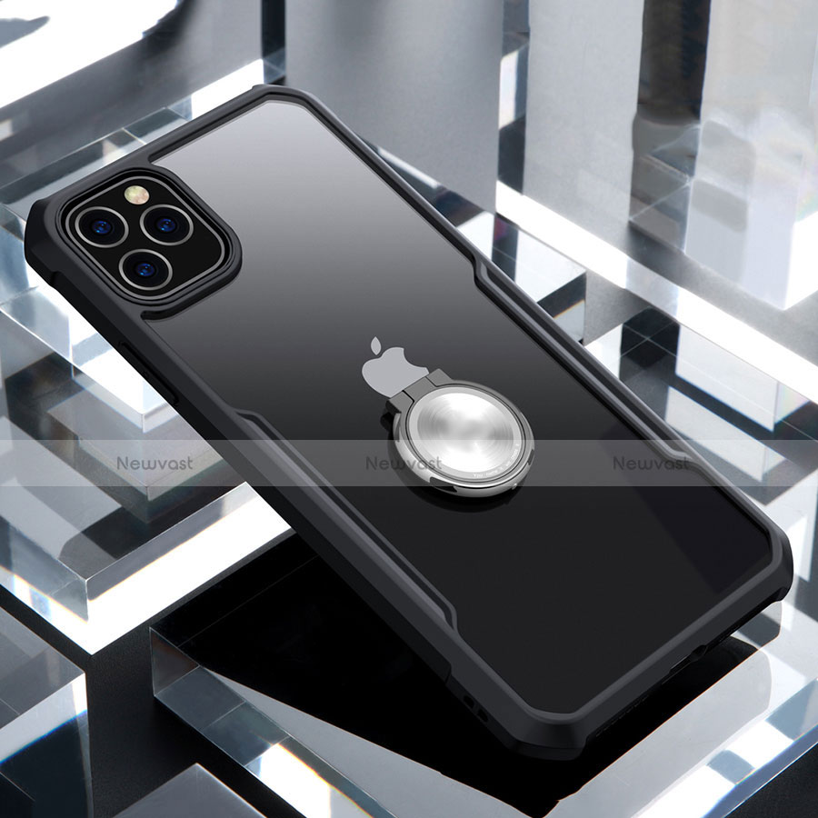 Silicone Transparent Mirror Frame Case 360 Degrees with Magnetic Finger Ring Stand for Apple iPhone 11 Pro Black