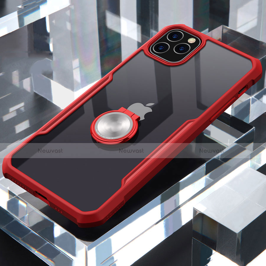 Silicone Transparent Mirror Frame Case 360 Degrees with Magnetic Finger Ring Stand for Apple iPhone 11 Pro Red