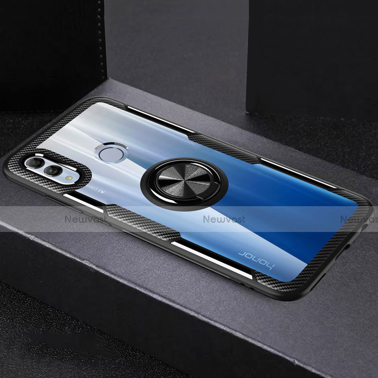 Silicone Transparent Mirror Frame Case 360 Degrees with Magnetic Finger Ring Stand for Huawei Honor 10 Lite Black