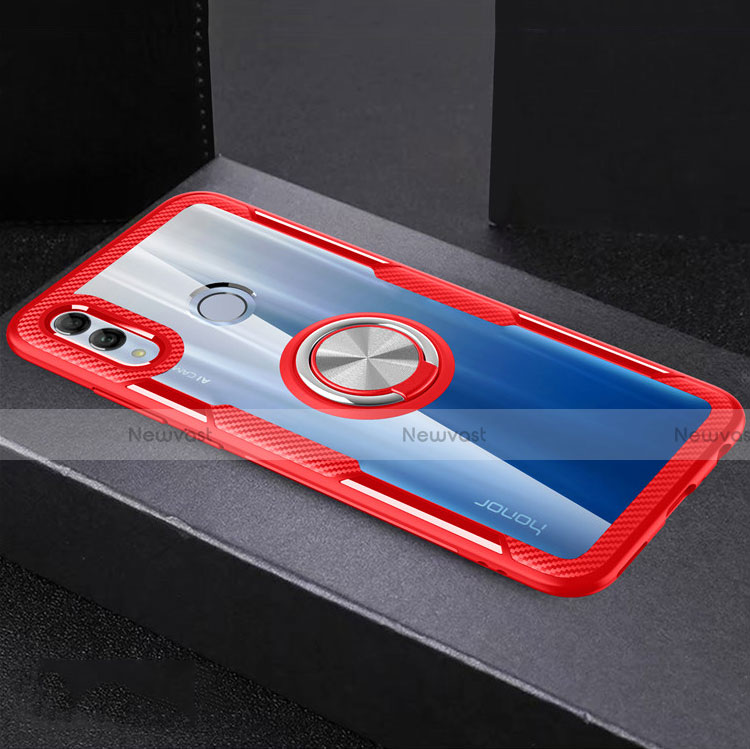 Silicone Transparent Mirror Frame Case 360 Degrees with Magnetic Finger Ring Stand for Huawei Honor 10 Lite Red