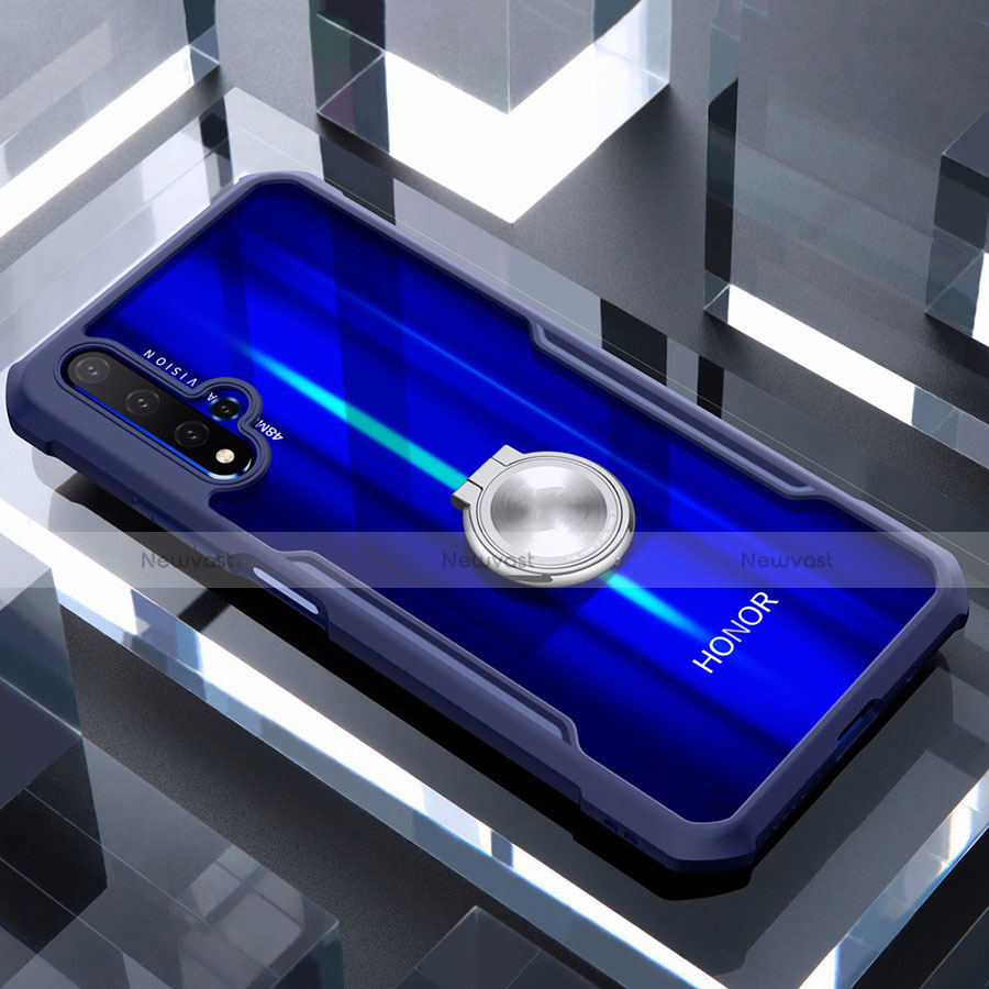 Silicone Transparent Mirror Frame Case 360 Degrees with Magnetic Finger Ring Stand for Huawei Honor 20S Blue