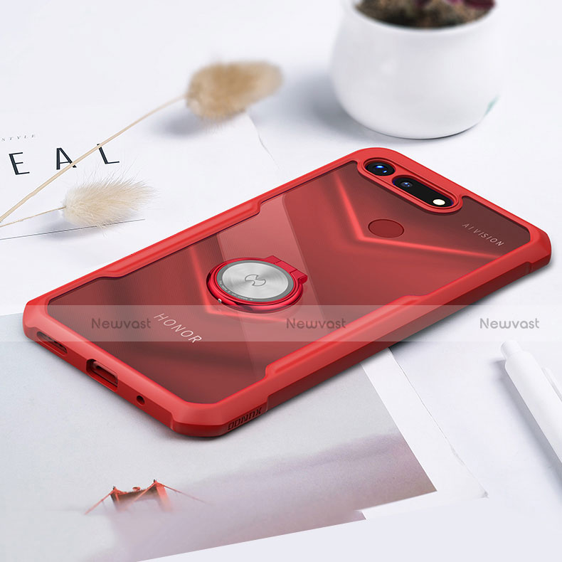 Silicone Transparent Mirror Frame Case 360 Degrees with Magnetic Finger Ring Stand for Huawei Honor V20 Red