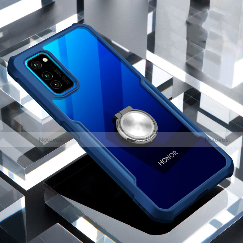 Silicone Transparent Mirror Frame Case 360 Degrees with Magnetic Finger Ring Stand for Huawei Honor V30 Pro 5G Blue