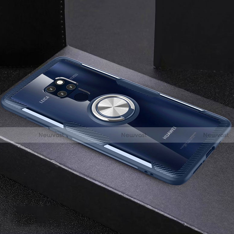 Silicone Transparent Mirror Frame Case 360 Degrees with Magnetic Finger Ring Stand for Huawei Mate 20 Sky Blue