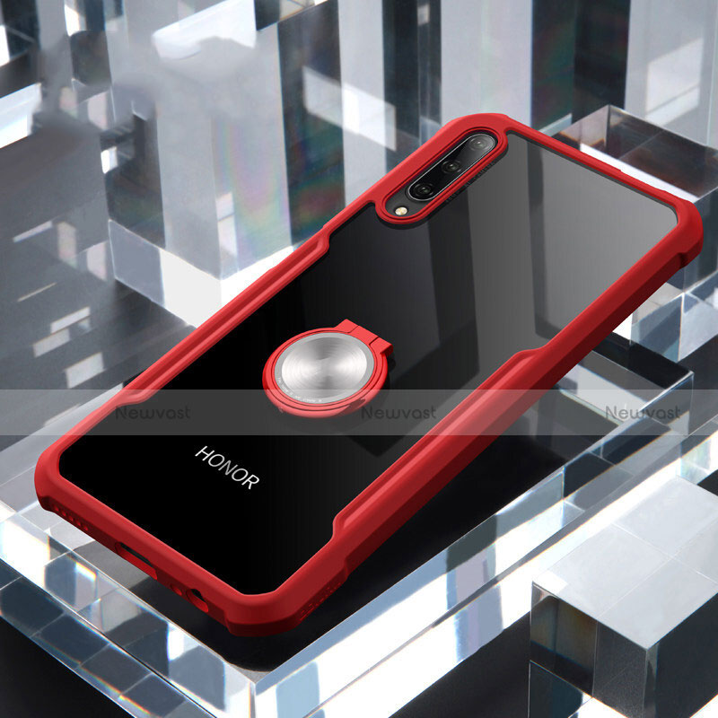 Silicone Transparent Mirror Frame Case 360 Degrees with Magnetic Finger Ring Stand for Huawei P Smart Pro (2019) Red