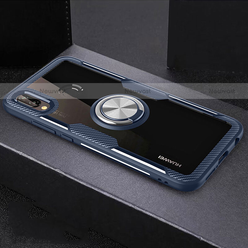 Silicone Transparent Mirror Frame Case 360 Degrees with Magnetic Finger Ring Stand for Huawei P20 Lite Blue