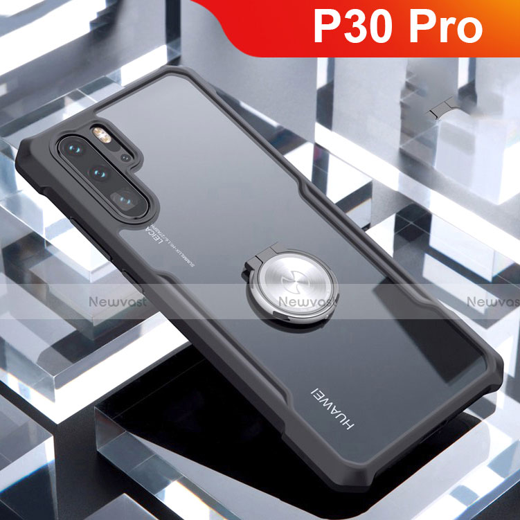 Silicone Transparent Mirror Frame Case 360 Degrees with Magnetic Finger Ring Stand for Huawei P30 Pro Black