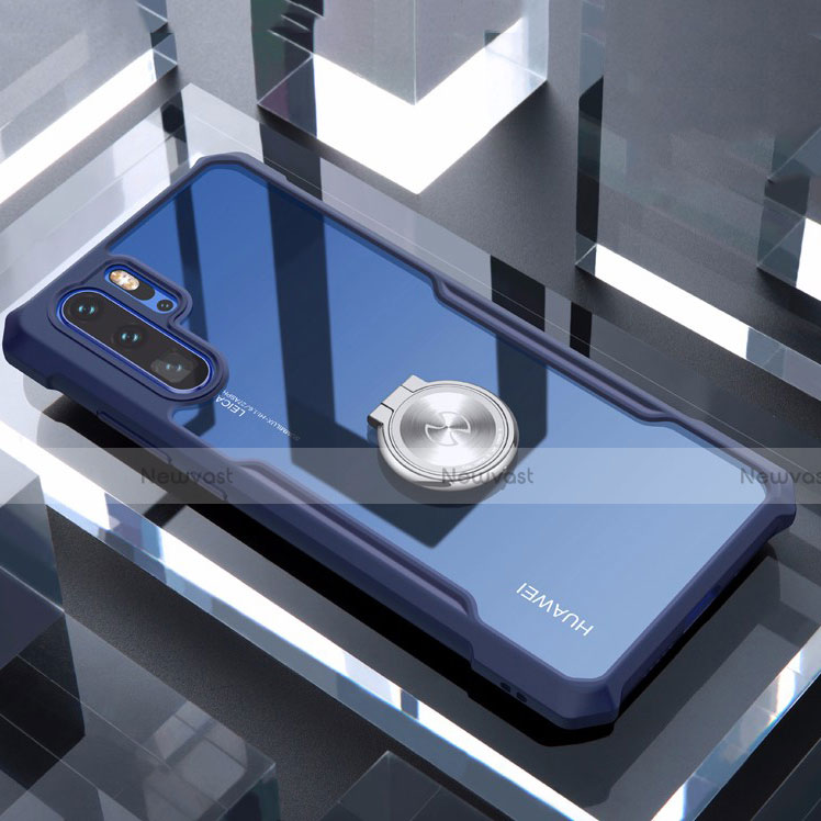 Silicone Transparent Mirror Frame Case 360 Degrees with Magnetic Finger Ring Stand for Huawei P30 Pro New Edition Blue
